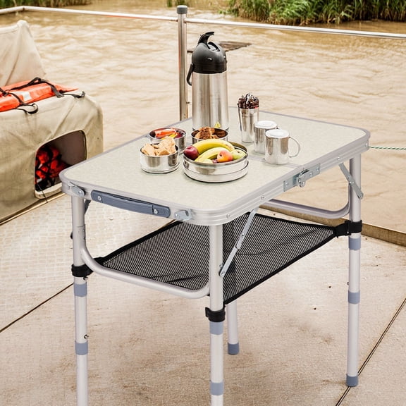 3 Height Adjustable Folding Camping Table with Mesh Storage Net, Portable Aluminum Foldable Table Built-in Carry Handle Supports 110lbs for Picnic Beach Patio Indoor Outdoor Use