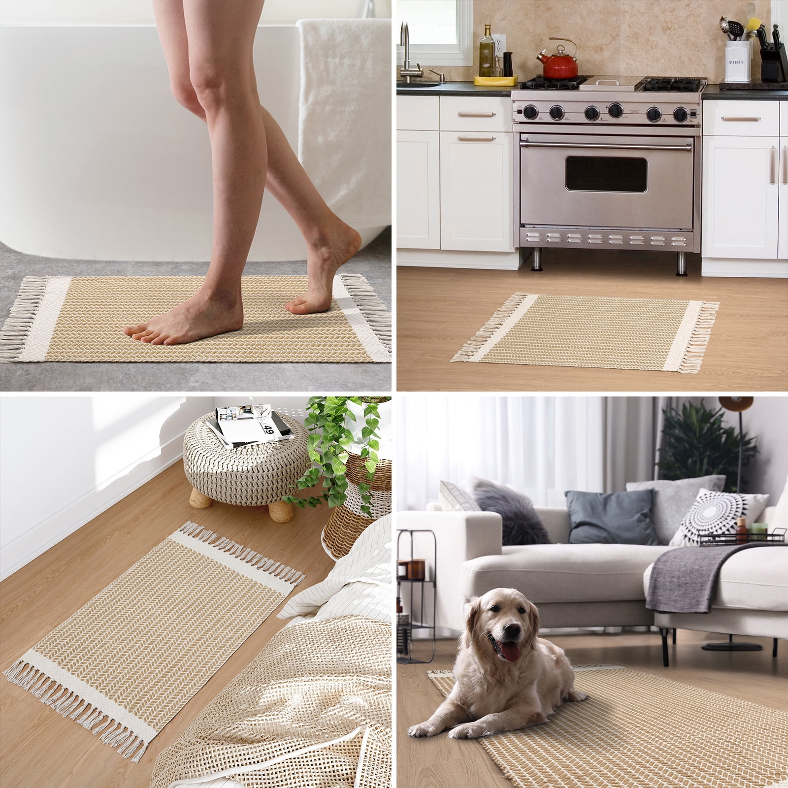 Moynesa 3'x5' Area Rug for Living Room Machine Washable Bedroom Rugs Boho Farmhouse Woven Mat with Tassels Accent Kitchen Rugs Non-Shedding Indoor Carpet for Bathroom Laundry Room, Khaki