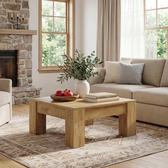 MAYEETY 39 Inch Farmhouse Square Wooden Coffee Table Living Room Center Table