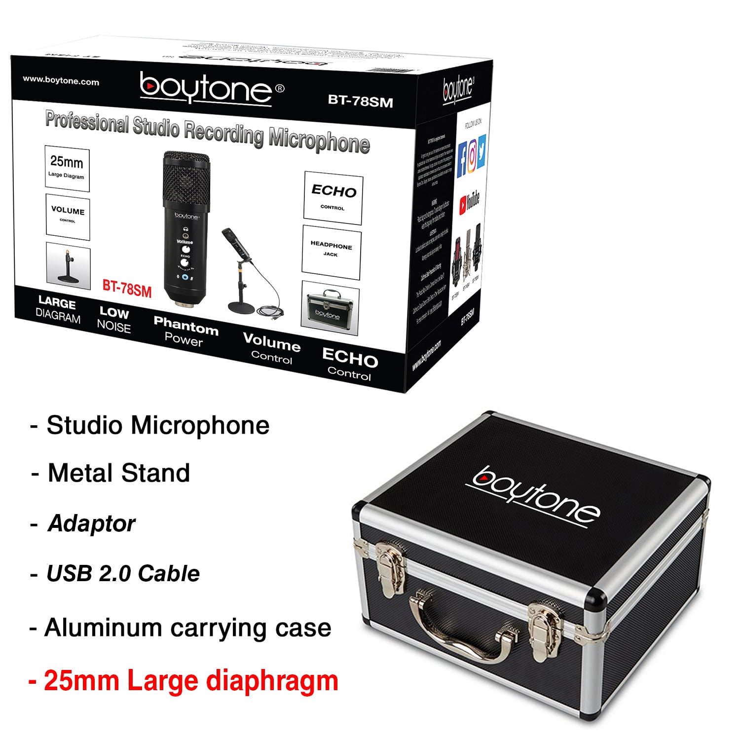 Boytone BT-78SM, 25mm Diaphragm USB Microphone Streaming, Podcasting, Recording for PC and Mac, Studio Vocal Recording Quality Sound, Plug & Play