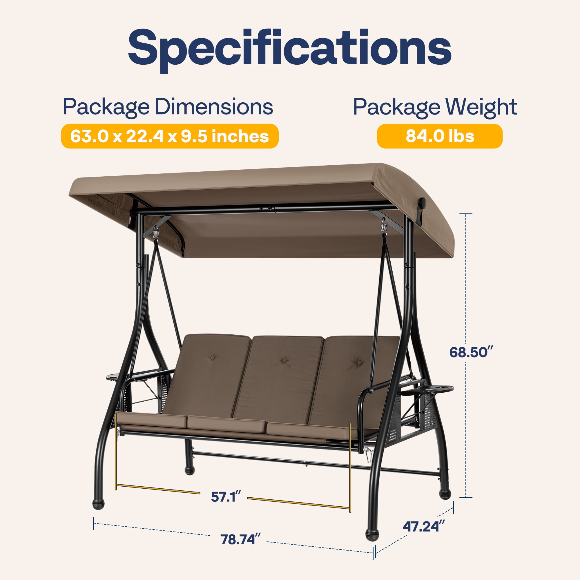 VIVOHOME Outdoor Converting Swing Chair 3-Seat with Canopy, Outdoor Porch Swing Chair with Stand, Gray