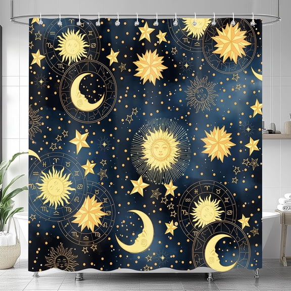 Boho Celestial Shower Curtain, Gold Sun and Moon Pattern for Bathroom,Fun Navy Blue Stars Starry Sky Decor Waterproof Fabric Shower Curtain with Hooks 36"W x 72"L (Pack of 1)