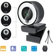 2021 2K Webcam with Ring Light Microphone, Advanced Auto-Focus, Adjustable Brightness with Touch Control, Web Camera