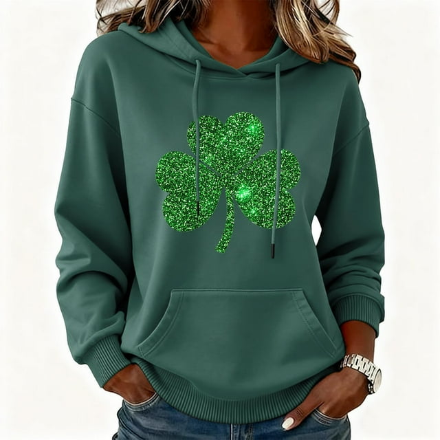 Uootdi Oversized St Patricks Day Hooded Sweatshirts for Women Irish Saint Pattys Shamrock Crewneck Long Sleeve Shirts Holiday Trendy Pullover Tops Gift