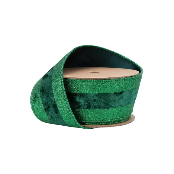LaRibbons 2 1/2" Wired Ribbon, Green Glitter with Green Velvet Stripe, 10 Yard Roll