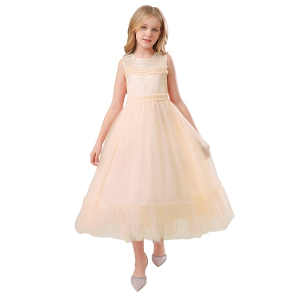 Girls Tulle Long Dress, Kids Formal Gown Elegant Net Skirt, Flower Girl Dress for Wedding, Birthday Party and Special Occasion Pageant Dress Beige 130