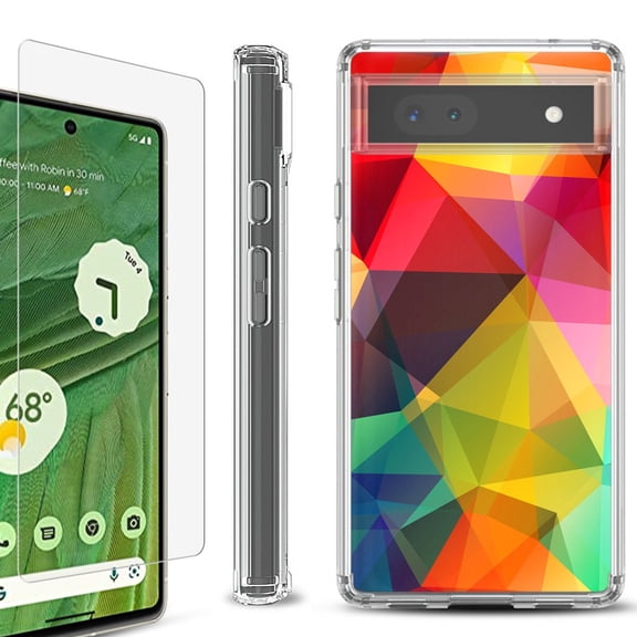 Shockproof Bumper Phone Case for Google Pixel 6a, with Tempered Glass Screen Protector, by OneToughShield ® - Polygon