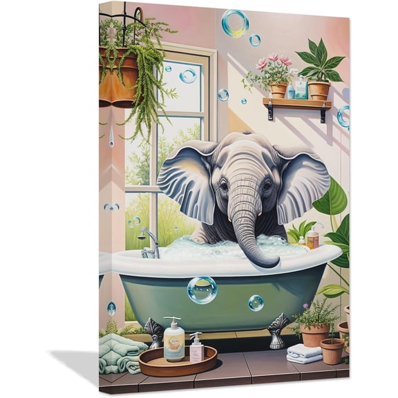 ZHONGYUTONG Funny Bathroom Animal Wall Art Cute Elephant in Bathtub with Sunflower Poster Canvas Prints Toilet Artwork Bathroom Decor (28.00" x 42.00")