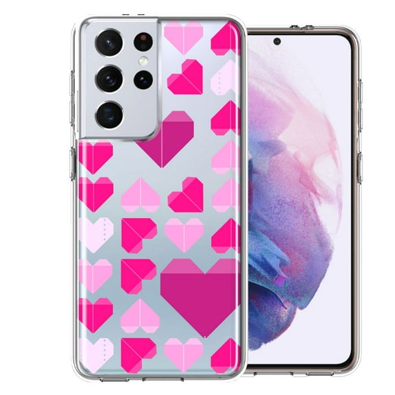 MUNDAZE for Samsung Galaxy S21 Ultra Pink Purple Origami Valentine's Day Polkadot Hearts Design Double Layer Phone Case Cover