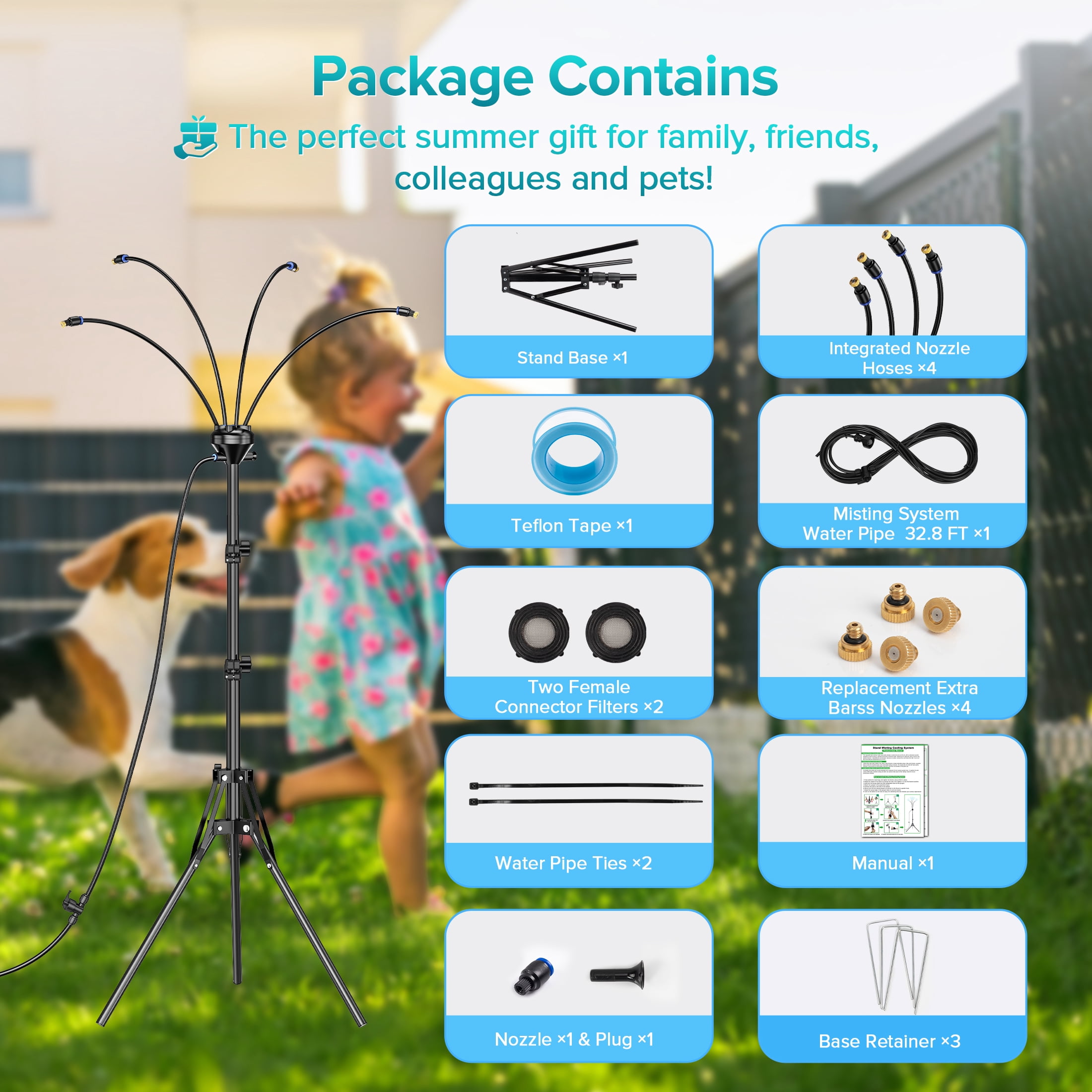 GokeLQ 64in Outdoor Mister for Patio Cooling, Mist System with 6 Nozzles, 4-Way Water Mister, Portable Mister for Yard Pool Plant BBQ Kids Play