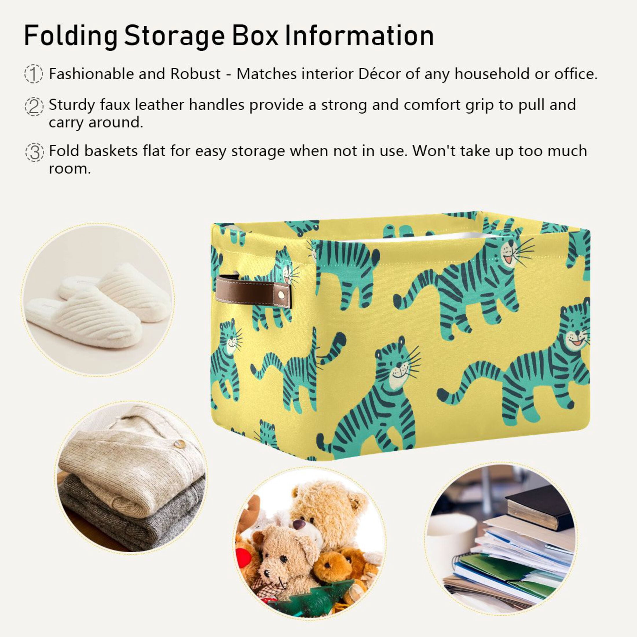 Ryvnso Cute Cartoon Tiger Storage Basket Large Bin Foldable Boxes Toys Organizer 14.2x10.2x8.3in 2 PCs