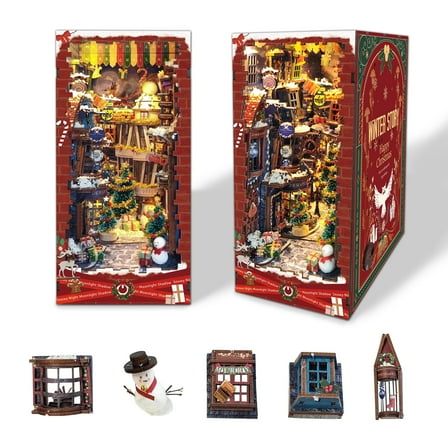 Strucwood DIY Book Nook Kit Snowy Night Wooden Puzzles with LED Dust Cover,3D Crafts Hobbies Gifts for Adults (SQ-17)