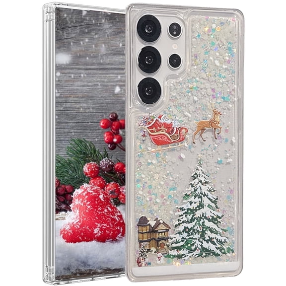For Samsung S24 Ultra Luminous Case,Cute Christmas Tree Santa Elk Liquid Flowing Floating Moving Bling Sparkle Shockproof Glow In The Dark Cover For Galaxy S24 Ultra