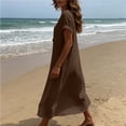 thumbnail image 5 of QUNYINEY Short Sleeve Women Dresses Midi Faux Cotton Linen Casual Summer A Line Dress V Neck Solid Button Loose Fit Dresses, 5 of 6