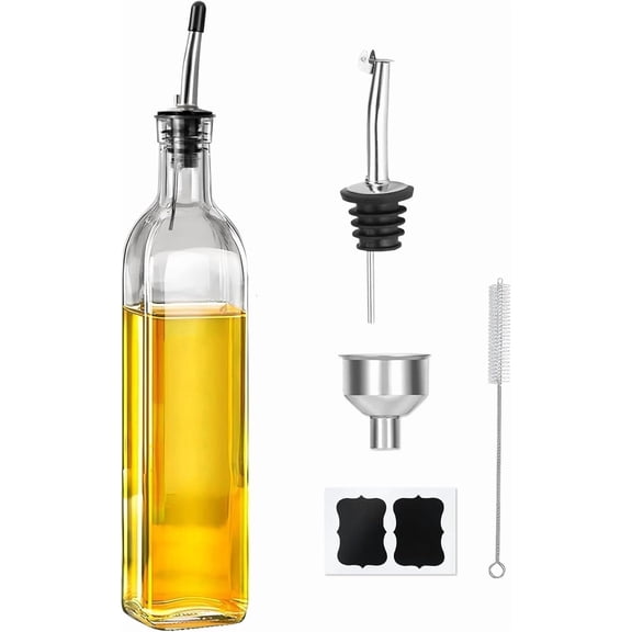 Dompilc 17 oz Glass Olive Oil Bottle and Vinegar Dispenser Set with 2 Stainless Steel Pourers, 2 Labels,1 Brush and 1 Funnel