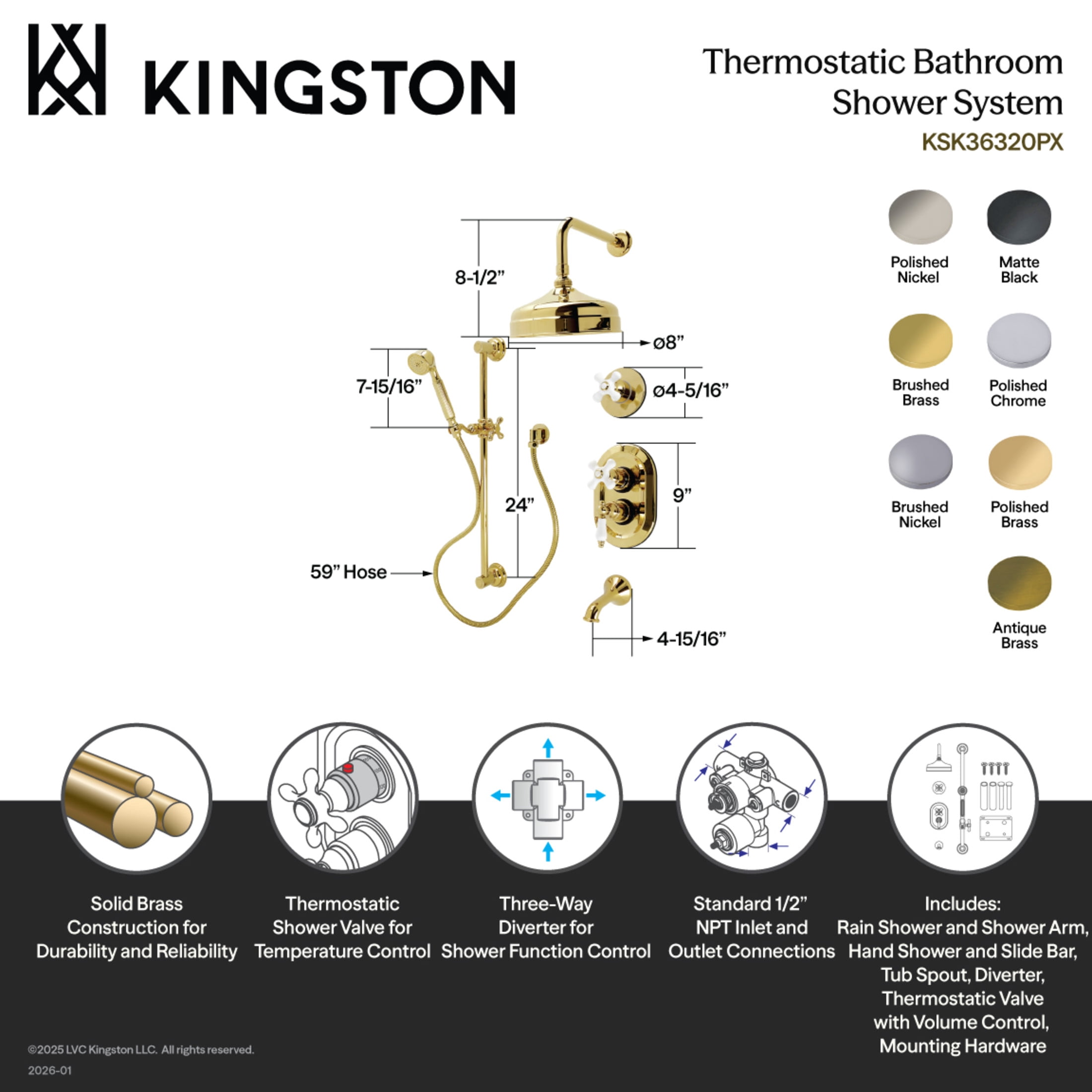 Kingston KSK36300PX Restoration Thermostatic Tub and Shower System, Matte Black