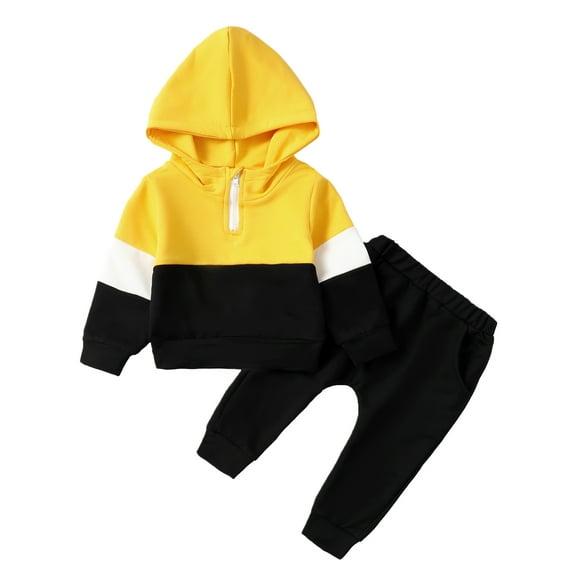Kucnuzki 18 Months Newborn Baby Boy Winter Outfits Pants Sets 24 Months Long Sleeve Color-Blocked Hoodie Elastic Pants 2PCS Set Black