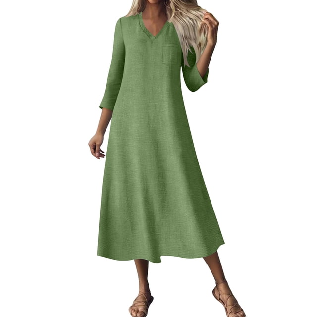 JGGSPWM Robe Maxi Décontractée en Coton pour Femmes Tendance Été Bohème Manches 3/4 Coton Lin Longue Robe Élégante Chic pour Femmes Vert TTG