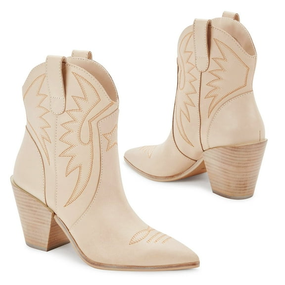 Mi.iM Women's Nina Embroidered Western  Cowboy Ankle Booties (Beige, 6)