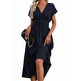 thumbnail image 4 of Womens Solid Color Overlap V Neck Batwing Sleeve Waist Pleated Long Elegant Dress Maxi Navy Blue XL, 4 of 10