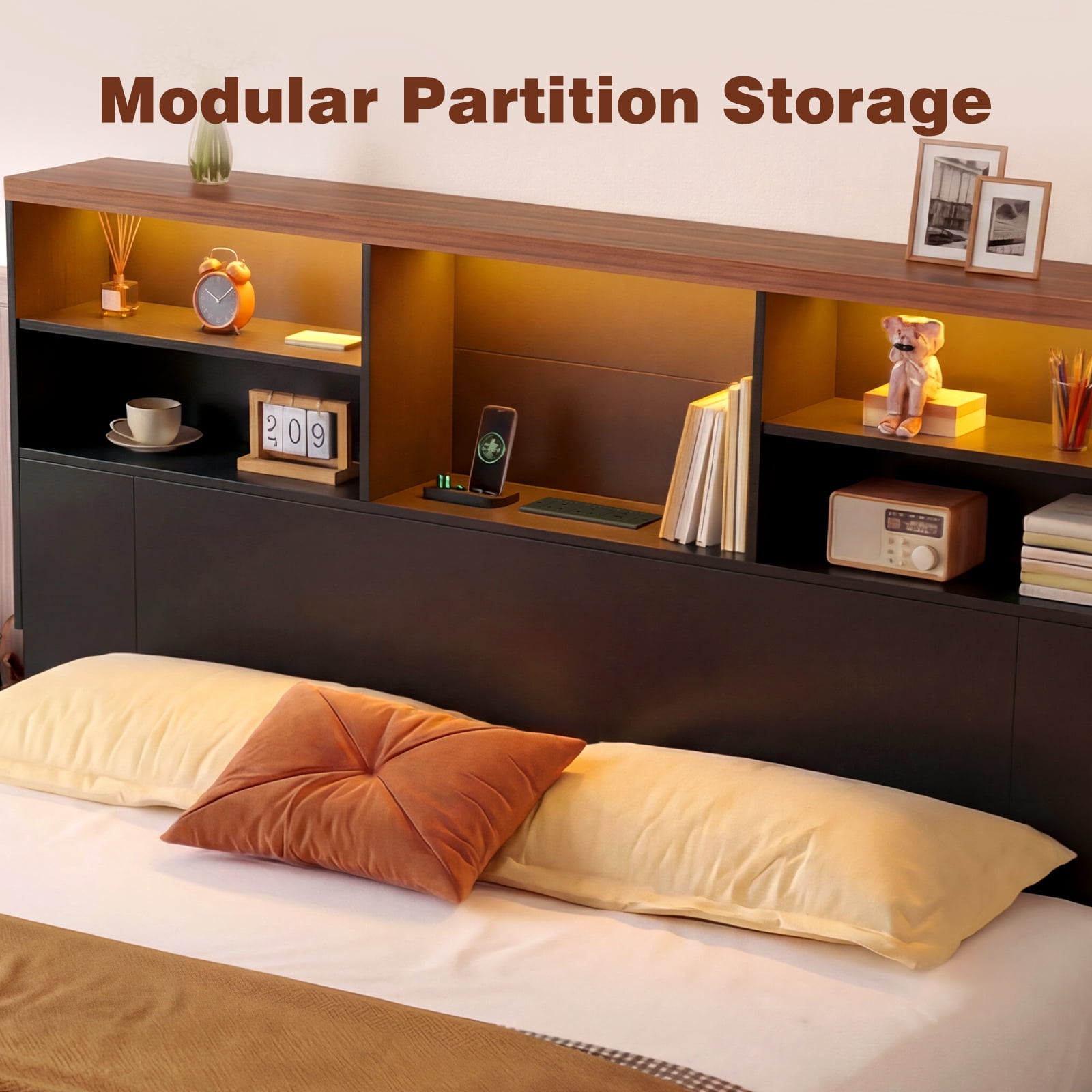 Advwin 63" Full/Queen Headboard with Pull-Out Storage Racks & LED Lights, Modern Bookcase Headboard with Charging Station, Space Saving Wood Headboard Only for Bedroom, Black & Walnut