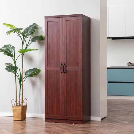 Demi Bonn 63" 2-Door Kitchen Pantry, Freestanding Storage Cabinet with 5-tier Shelving and 2 Adjustable Shelves for Dining Room, Brown