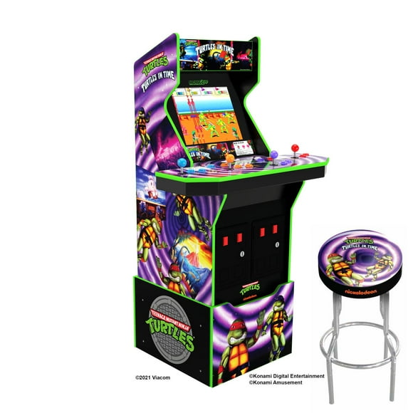 Arcade1UP Teenage Mutant Ninja Turtles: Turtles in Time with Riser, Light Up Marquee, Light Up Deck Protector, Exclusive Stool