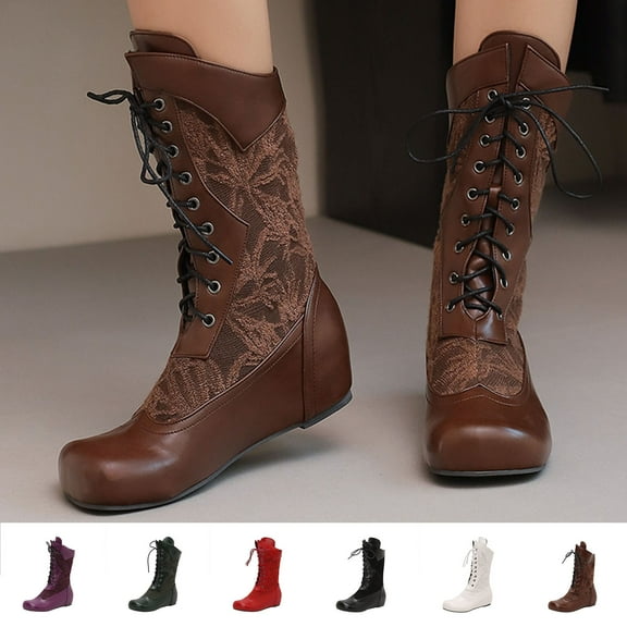 Womens Boots Flat Heel Round Toe Lace-Up Mid Calf Flats for Women Women Trendy Casual Outdoor Dressy Winter Warm Shoes Comfortable Short Booties Black 5