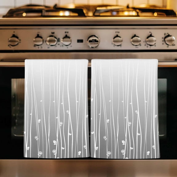 Gray Flower Kitchen Towels Set of 2, Geometric Stripe Gradient Branch Minimalist Absorbent Dish Towels for Kitchen, Microfiber Hand Towel, Quick Drying Tea Towel for Cleaning Decorative Dishcloths