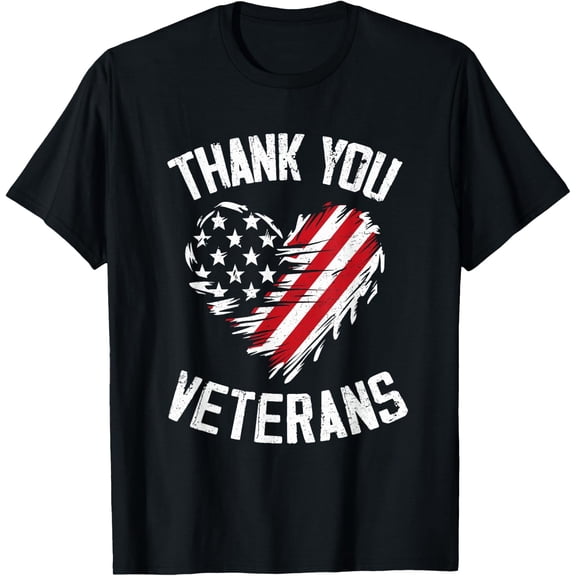 Thank You Veterans American Flag Heart Patriotic T-Shirt Men Women USA Military Appreciation Tee Retro Distressed Graphic Top