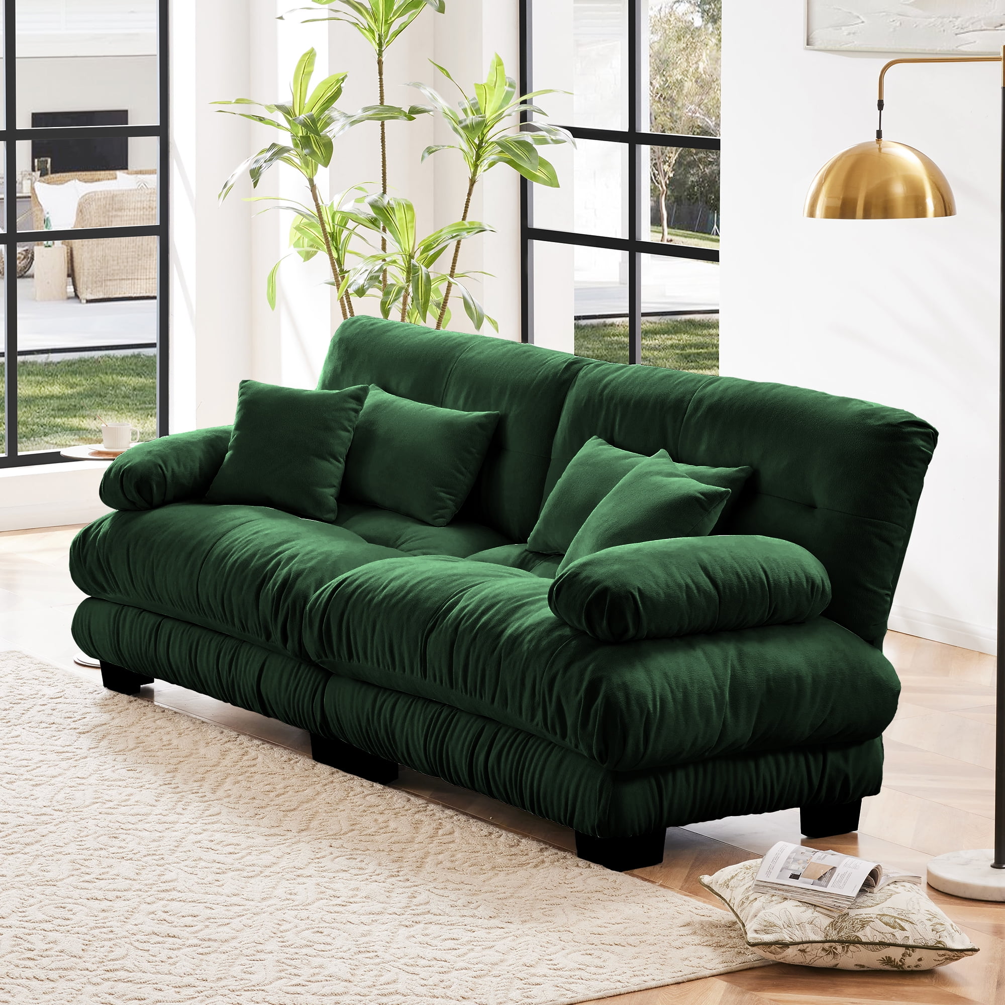 Gewnee 94.4" Chenille Cloud Couch 2-Seater Sectional Sofa, Soft Upholstered Sofa with 2 Lumbar Pillows & 2 Throw Pillows for Living Room, Green
