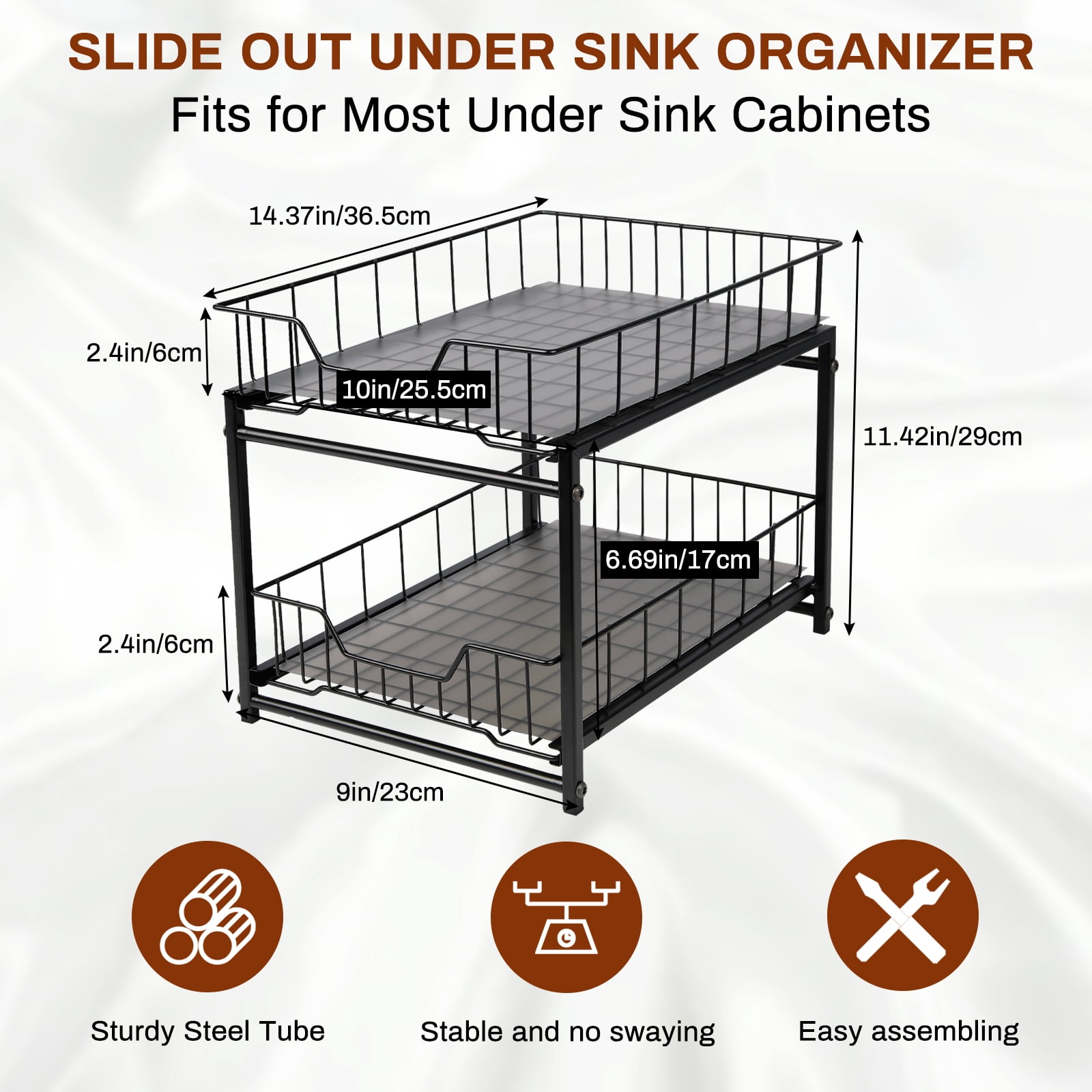 NUBILY Under Sink Organizer 2 Tier Pull Out Rustproof Sliding Drawer for Kitchen Bathroom Cabinet Black