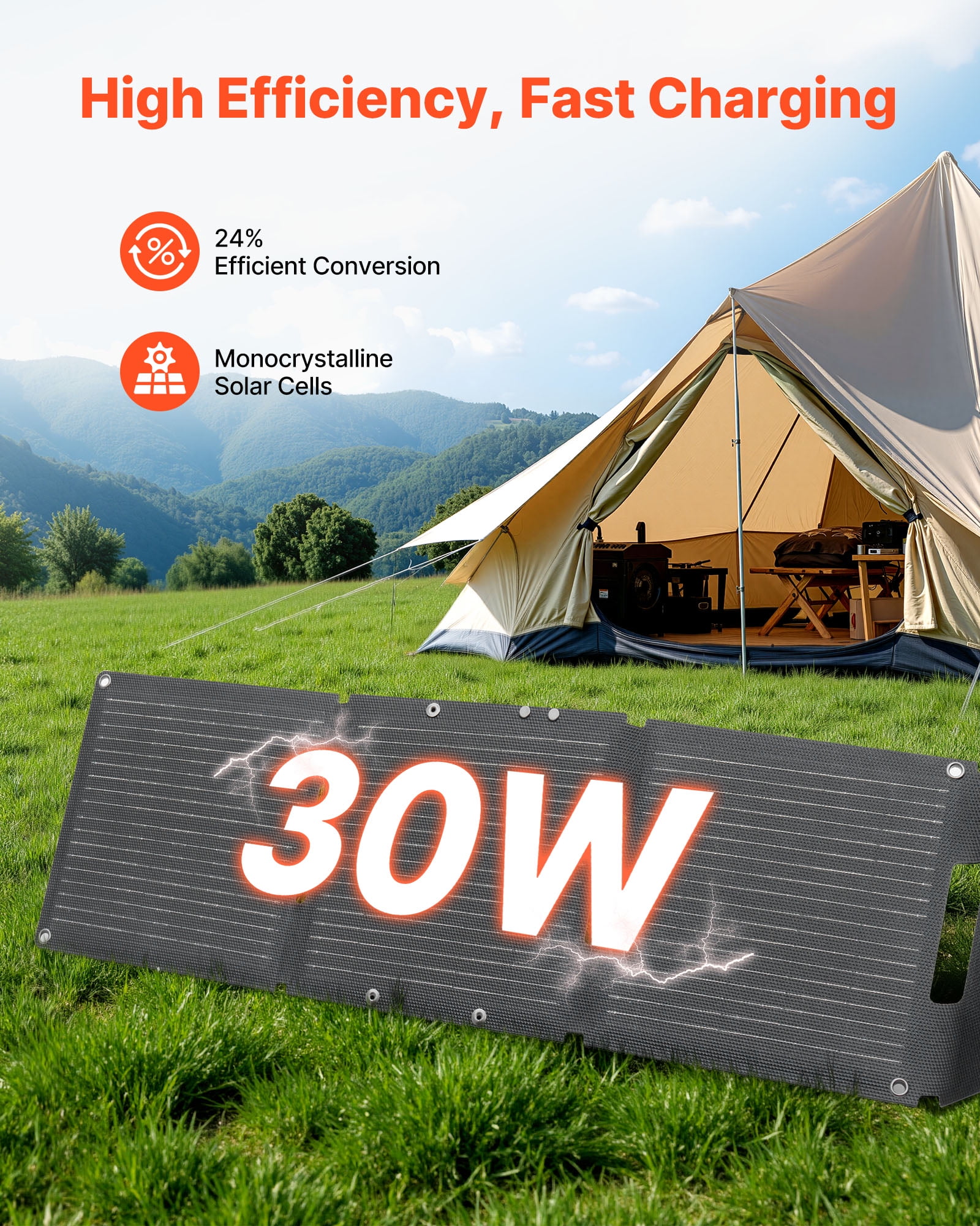 VEVOR 30W Foldable Solar Panel Charger, 16BB N-Type Monocrystalline Solar Panel 24% Efficiency, Ultra-Light Portable with USB-A, USB-A (QC3.0) & Type-C Ports for Camping, Backpacking, Phones, Tablets