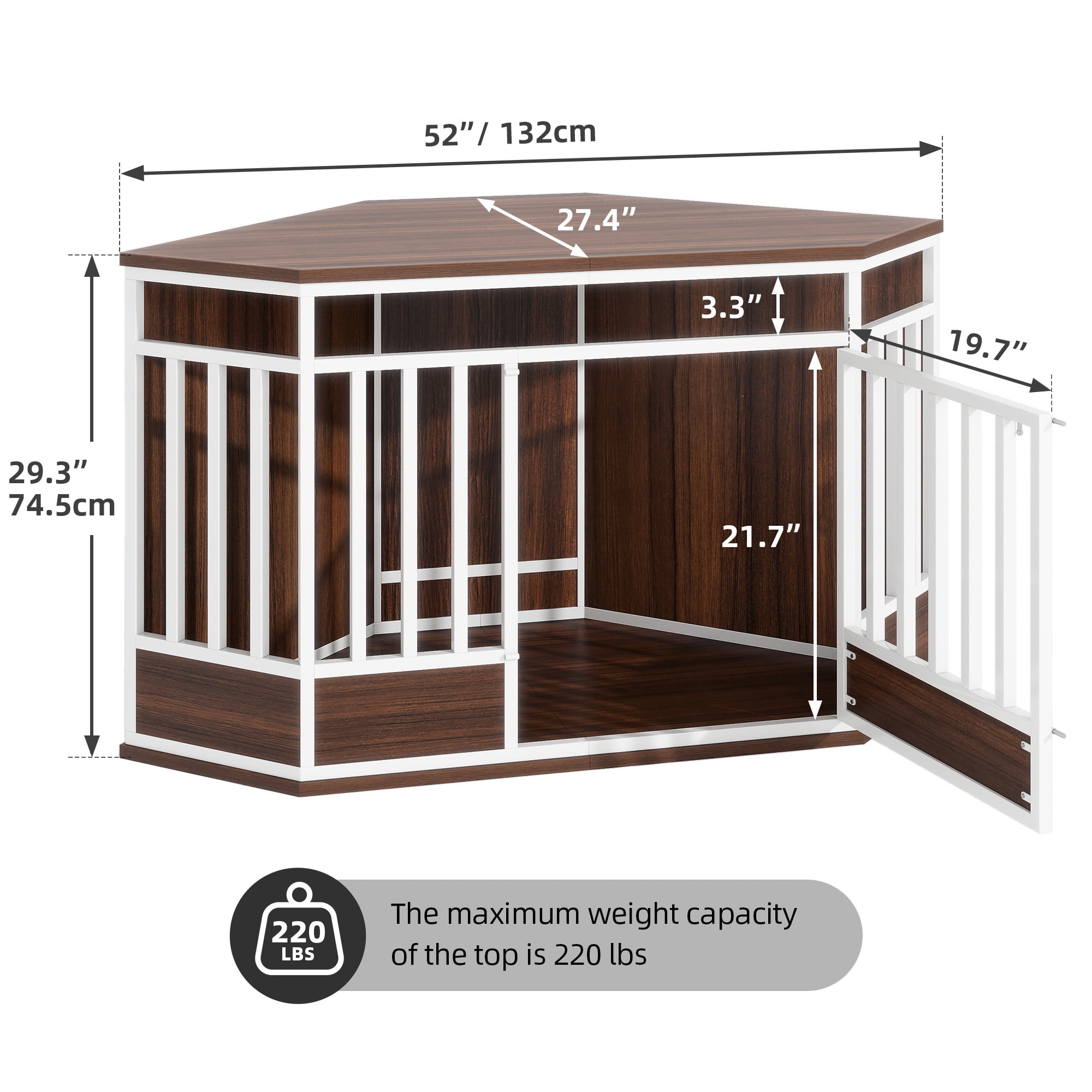 Uforic 52 Inch Heavy Duty Corner Dog Crate Furniture, Large Wooden Dog Kennel End Table for Large Dogs - White & Walnut