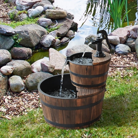 Outsunny Wood Freestanding Fountain with 2 Tier Waterfall Barrel, Electric Pump for Garden Decor, Lawn, Backyard