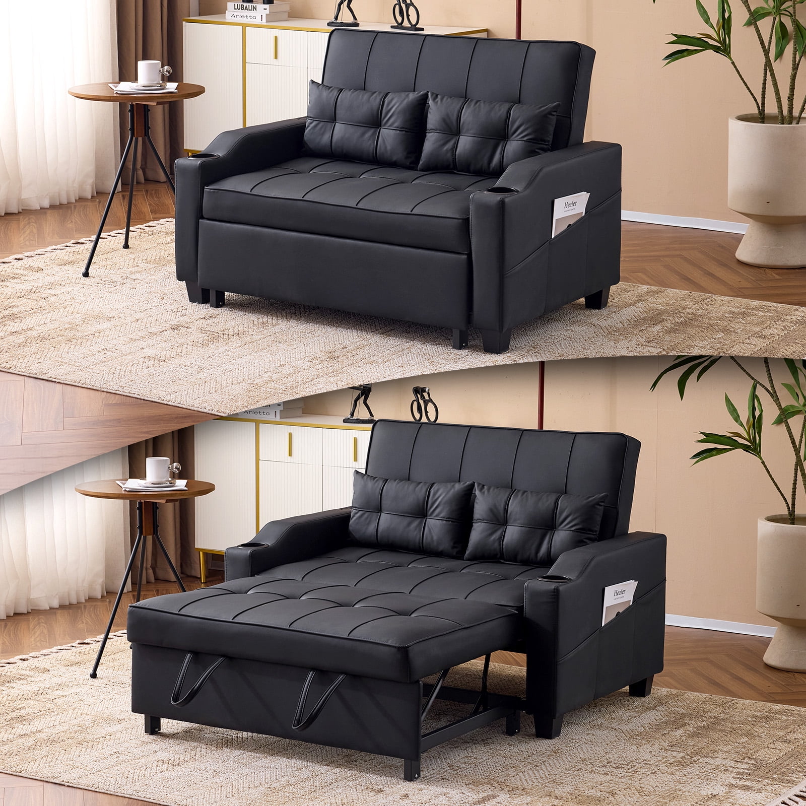 Ktaxon Faux Leather Loveseat Sofa Bed with Side Pockets, Adjustable Backrest Lounge for Living Room, Game Room Black