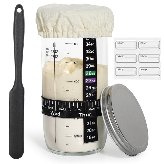 Bread Baking Supplies,24 oz Sourdough Starter Jar Glass, Sourdough Starter Kit with Date Marked Feeding Band, Thermometer, Silicone Scraper, Sewn Cloth Cover & Aluminum Lid, Sourdough Jar