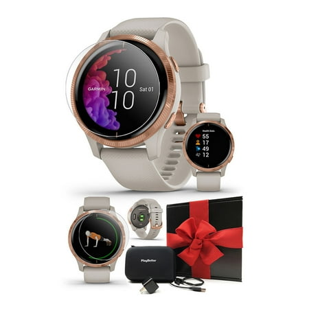 Garmin Venu Light Sand/Rose Gold Fitness GPS Smartwatch Bundle Screen Protectors Wall Adapter & Case