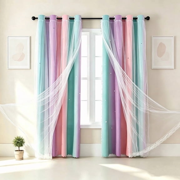 2 Panels W52×H84 Inch Gradient Rainbow Hollow Star Double Layer Voile Curtains, Rod Pocket Sheer Drapes for Bedroom Living Room Holiday Window Decor