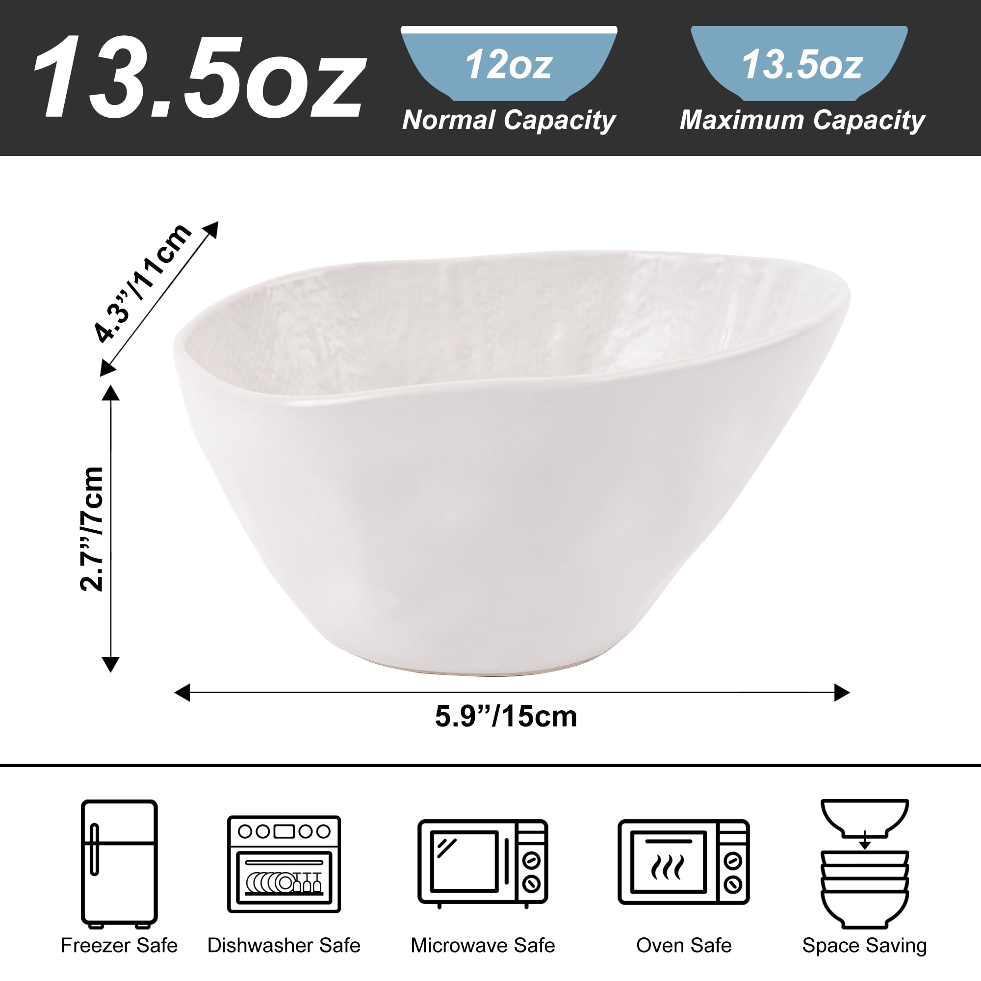 Linen Artisan Small Dessert Bowls Set of 4, Ceramic Dipping Bowls, 13.5 OZ Ice Cream Bowls for Kids, Mini Snack Bowls, Dishwasher & Microwave Safe, White, Small