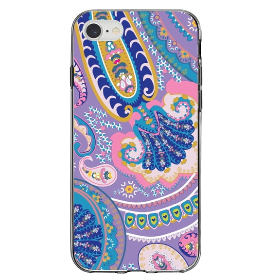 DistinctInk Clear Shockproof Hybrid Case for iPhone 7 8 SE (2020 Model) 4.7" Screen TPU Bumper Acrylic Back Tempered Glass Screen Protector - Purple Pink Blue Paisley