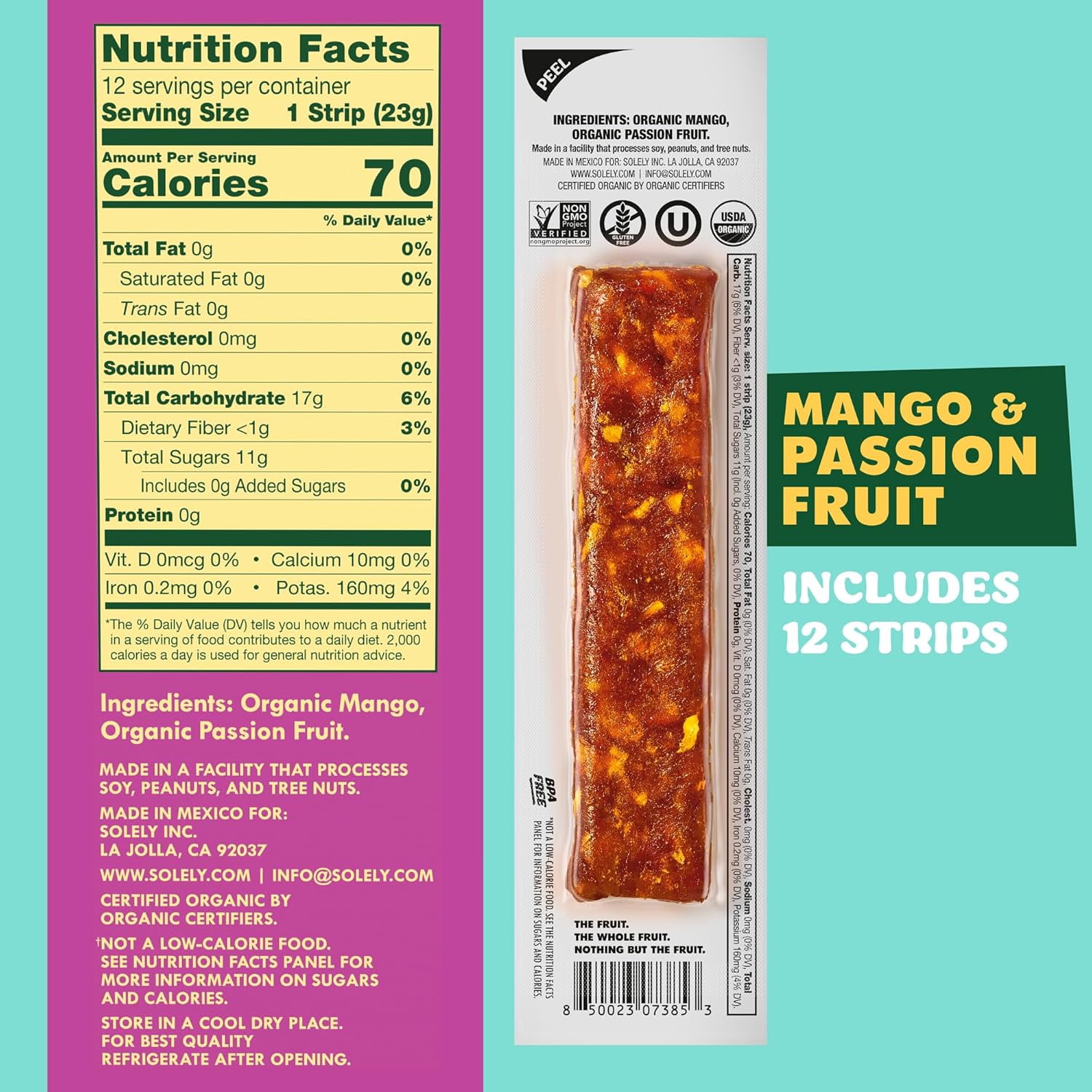 SOLELY Organic Mango Passion Fruit Jerky, 12 Individually Wrapped Strips, Made from Dried Fruit, Healthy Snacks for All, Vegan Snacks, 0.8oz (23g)