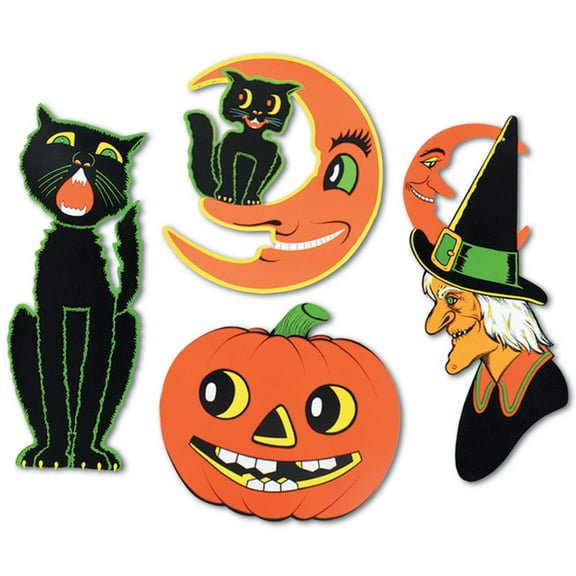 Club Pack of 48 Halloween Black Cat, Witch, Cat & Moon and Pumpkin 2 Sided Design Cutout Decorations