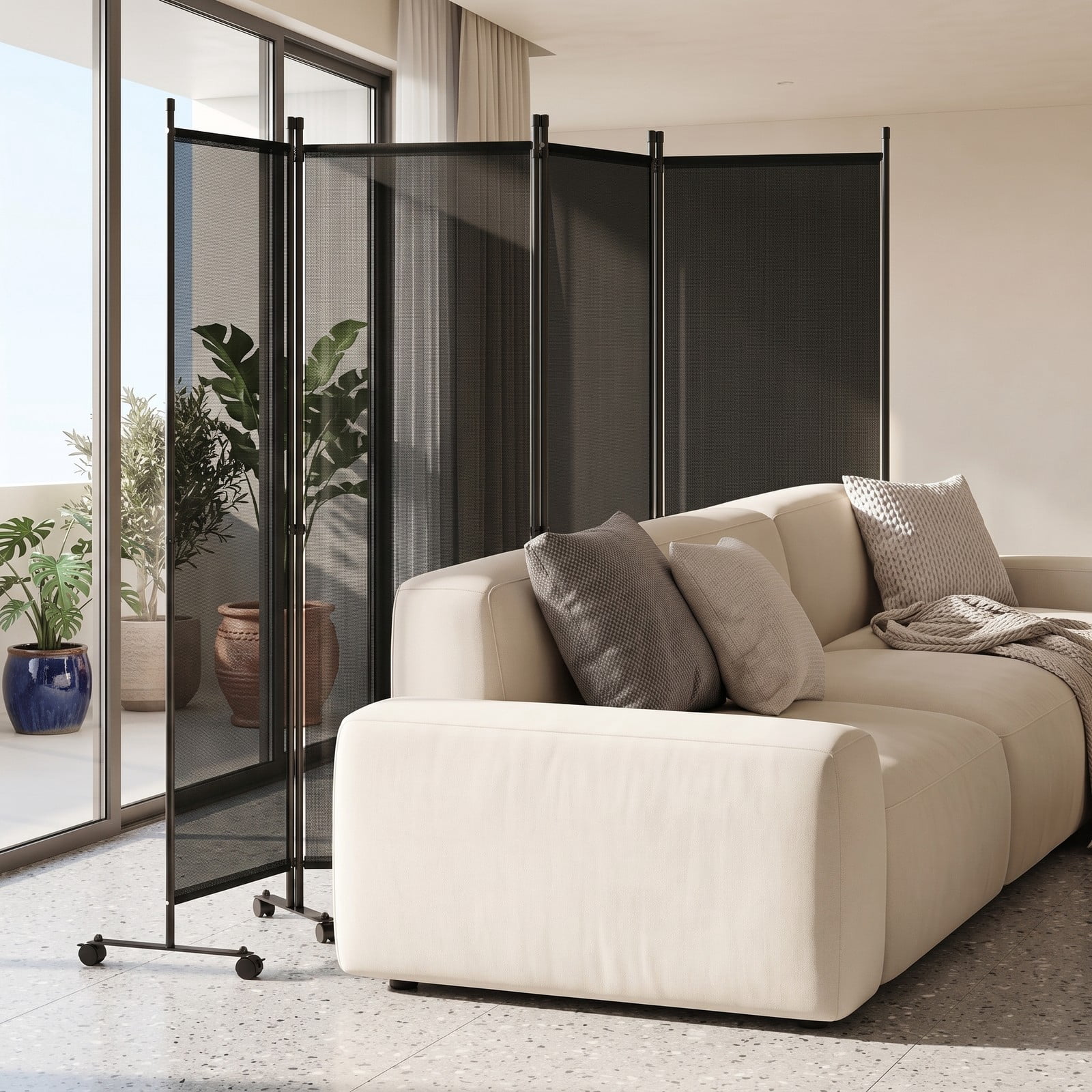 ALPULON 4-Panel Room Divider Freestanding Privacy Screen with 10 Lockable Wheels, Foldable Polyester Fabric Partition with Heavy-Duty Metal Frame for Living, Black