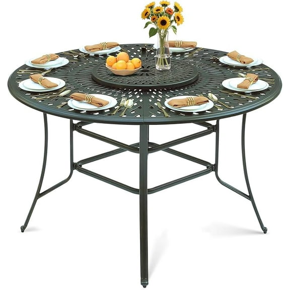 VIVIJASON 61" Patio Round Height Bar Table, All-Weather Cast Aluminum High Top Dining Table with 24" Lazy Susan & Umbrella Hole for Outdoor Balcony, Porch and Deck, Fits for 6-8 Person, Dark Bronze