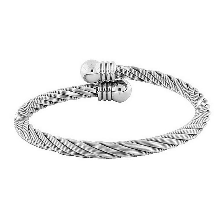 Stainless Steel and Alloy Silver-Tone Open End Twisted Cable Bangle Bracelet