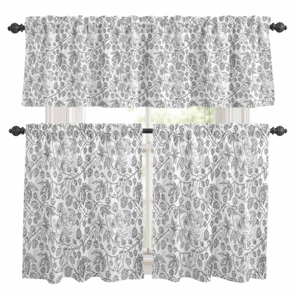 Gray Flowers Kitchen Curtains Sets for Windows 36 Inch Length, Farmhouse Pastoral Vintage Plants Branches Rod Pocket Window Treatments Tier Curtains and Valances Set for Bedroom/Bathroom