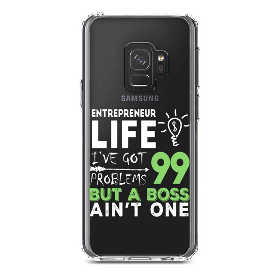 DistinctInk Clear Shockproof Hybrid Case for Samsung Galaxy S9 (5.8" Screen) - TPU Bumper Acrylic Back Tempered Glass Screen Protector - Entrepreneur 99 Problems But Boss Ain't One
