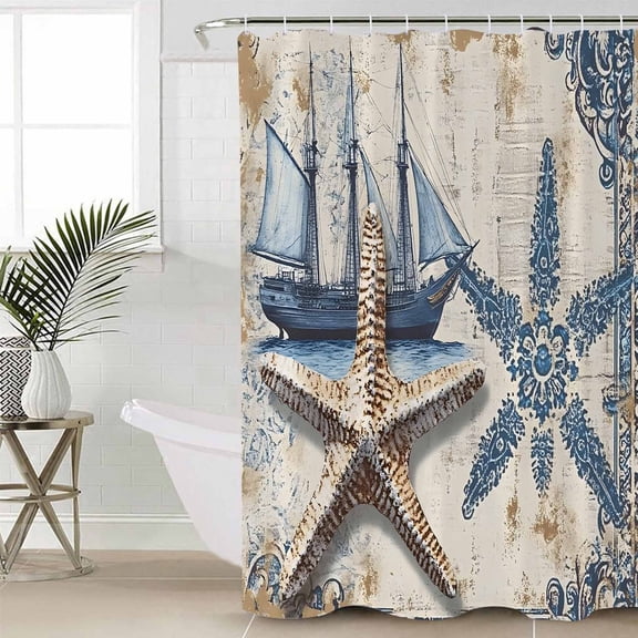 Vintage Nautical Standard Shower Curtain Set, Waterproof Shower Curtains for Bathroom, Summer Coastal Floral Starfish Washable Fabric Cloth Bath Curtain for Bathtub Decoration with Hooks 72x72 Inches