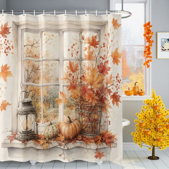 Fall Shower Curtain for Bathroom, Rustic Cottage Window Frame Orange Maple Foliage Pumpkin Waterproof Machine Washable Shower Curtain Set with Hooks, Bath Decoration for Home Bathtub Stall 36"x72"